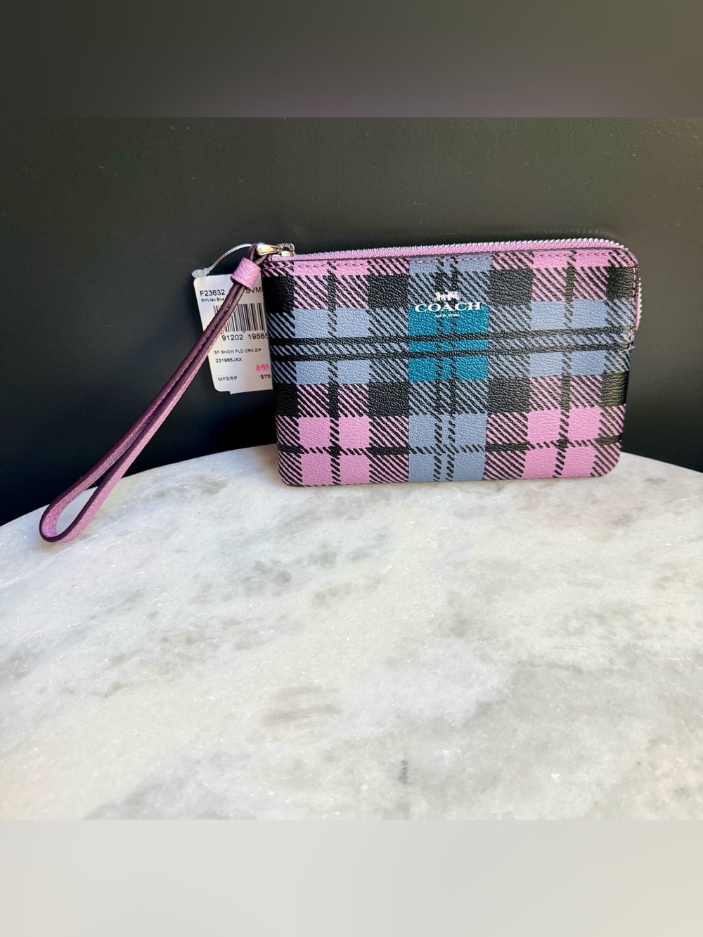 Coach Corner Zip Wristlet in Wild Plaid Print (F23632) - NWT